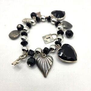 Vintage Style Black Heart Charm Bracelet Silver Tone Lock and Key Stretch